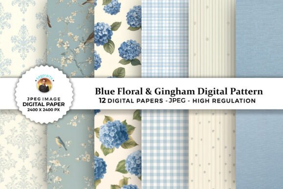 Download Blue Floral &amp; Gingham Digital Patterns - Gingham digital patterns Collection