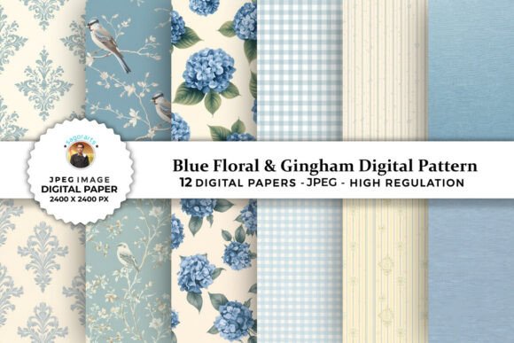 Download Blue Floral &amp; Gingham Digital Patterns - Gingham digital patterns Collection