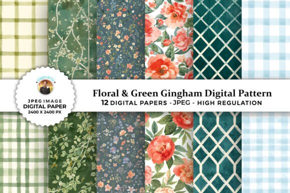 Download Floral &amp; Green Gingham Digital Patterns - Gingham digital patterns Collection